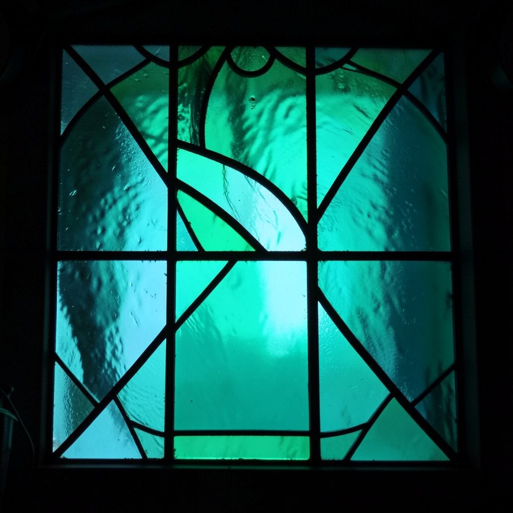 Stained glass composition with bold leaded segments in teal, rose pink and amber, soft and luminous mood